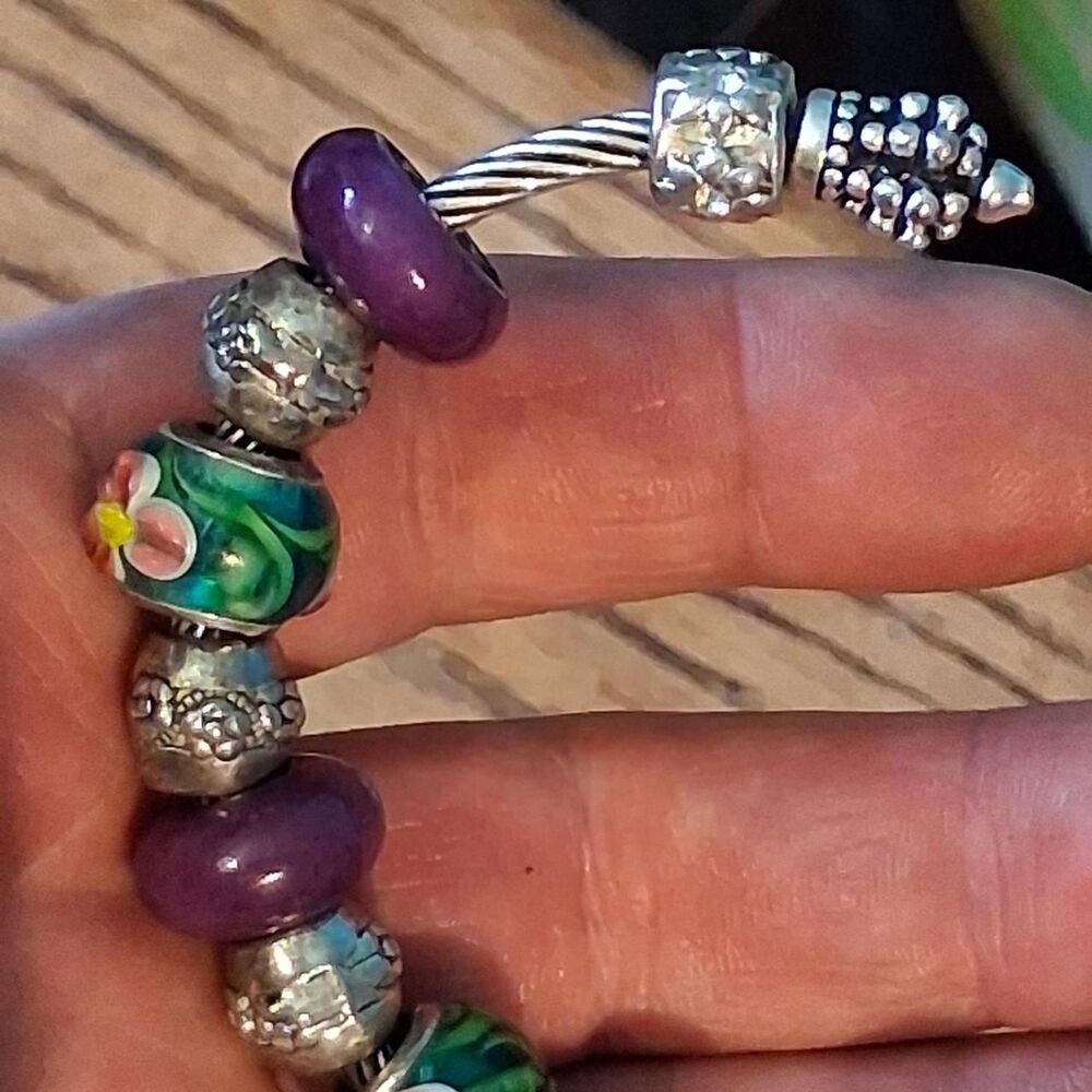 Vintage Murano Glass Charm Bracelet 925 Sterling Silver Floral